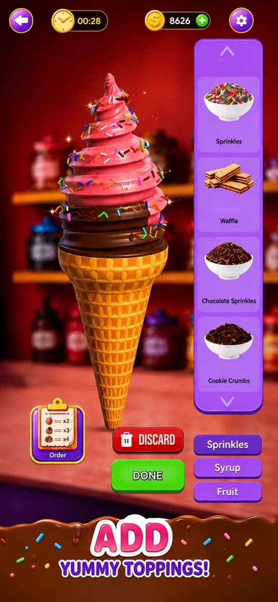 Perfect Cone gameplay showing colorful toppings and a soft-serve cone